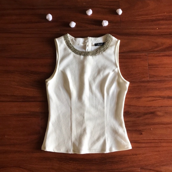 White Sleeveless Shirt with Jeweled Neckline - Picture 1 of 6